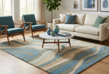 Neutral living room rug styled with sofa and timber flooring