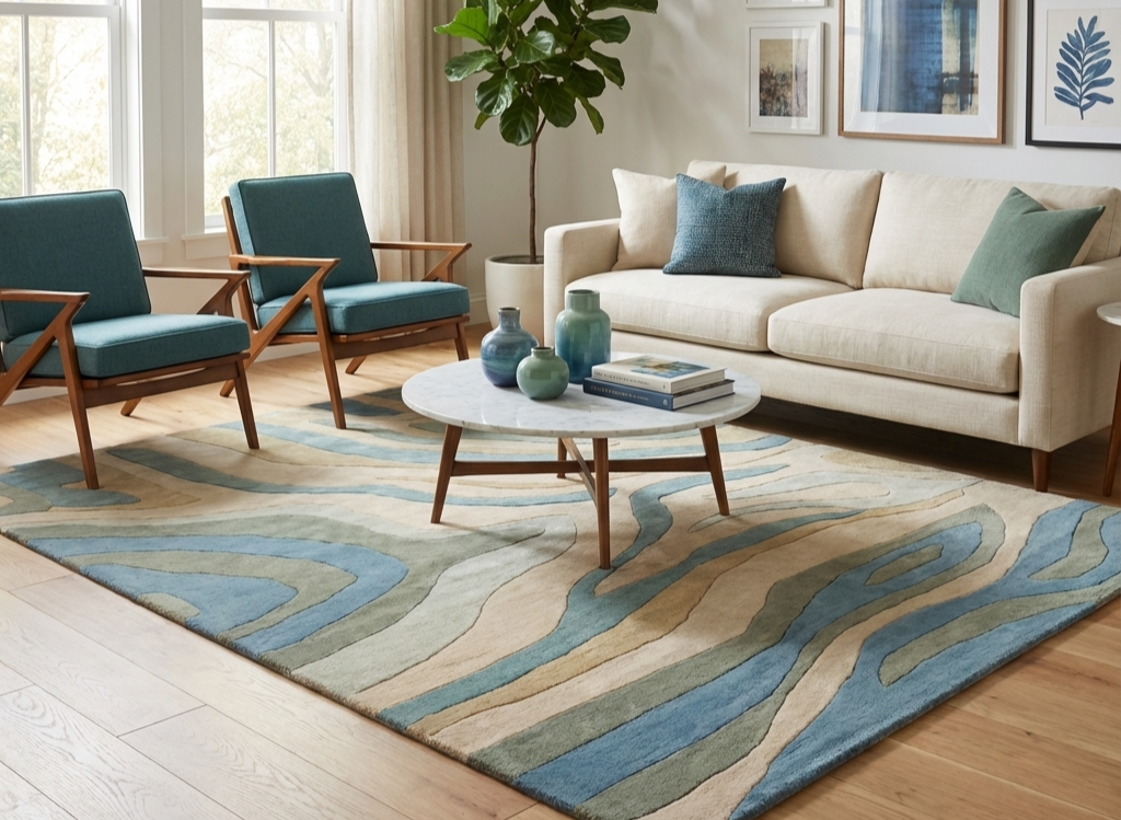 Neutral living room rug styled with sofa and timber flooring